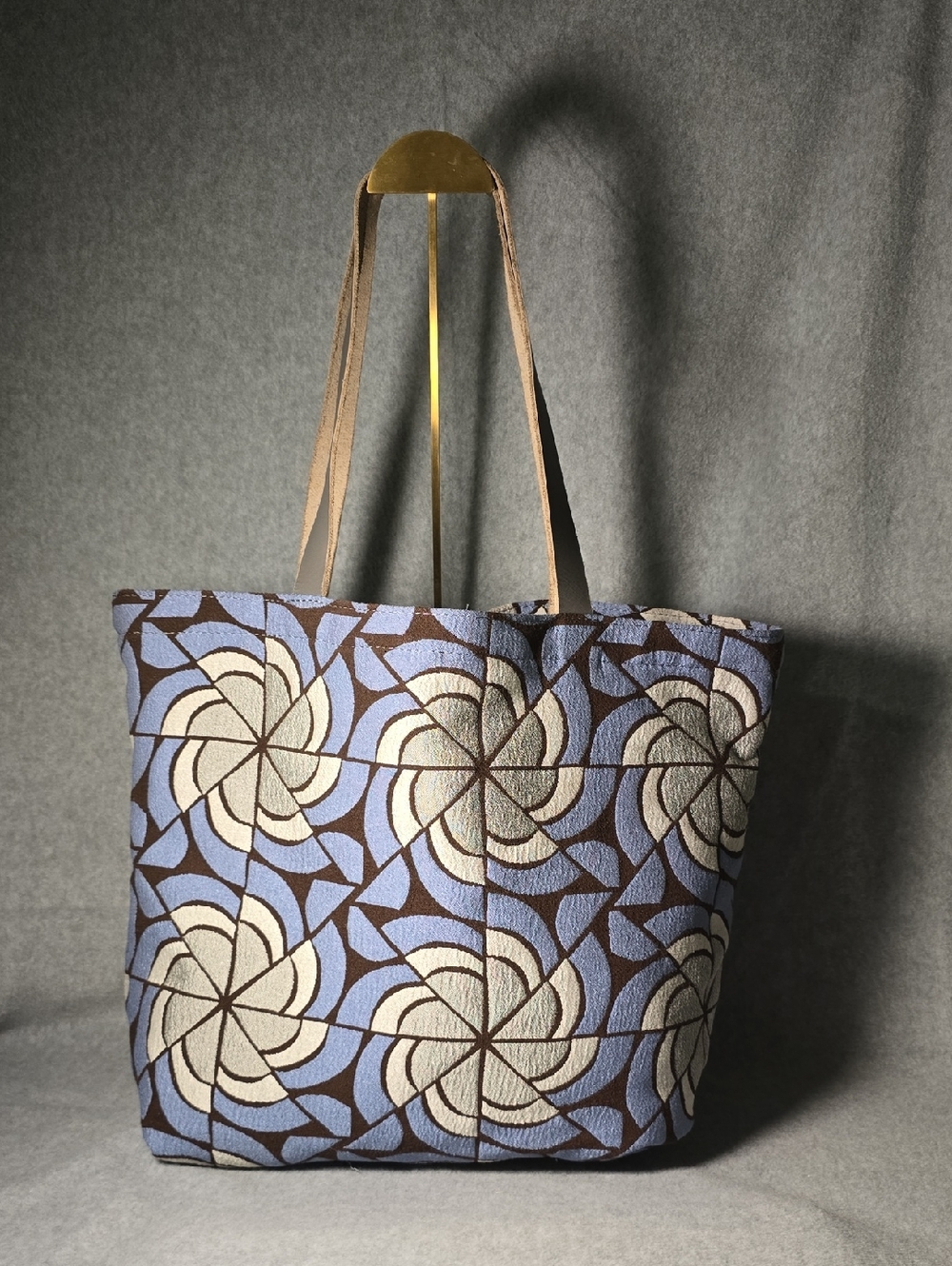 Handmade Blue Floral Pattern Tote Bag - Neutral Rough Leather Strap